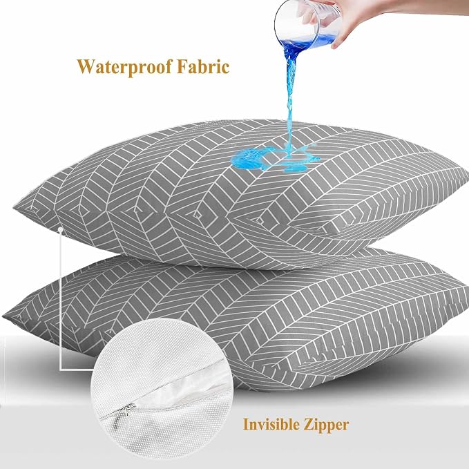 Outdoor Waterproof Throw Pillow Covers Set of 2 Grey Chevron Stripes Pillowcases 18x18 Inches Modern Geometric Texture Decorative Pillows Cushion Case Patio Pillows for Couch Bed Chair Garden