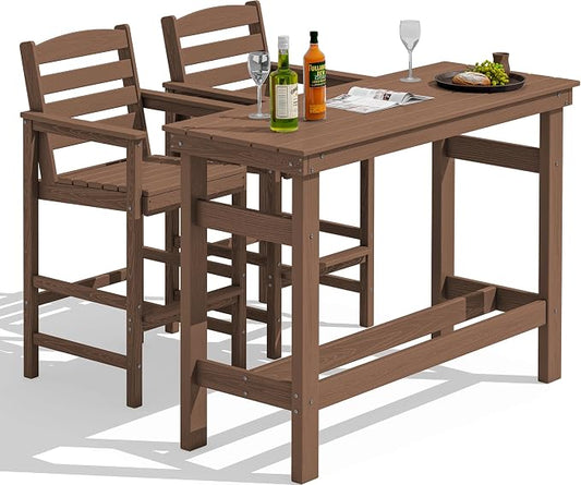 SERWALL Outdoor Bar Set - 2 Adirondack Bar Chairs & Bar Height Table with 1.6" Umbrella Hole, All-Weather HDPE Patio Furniture for Poolside, Backyard, Garden - Brown