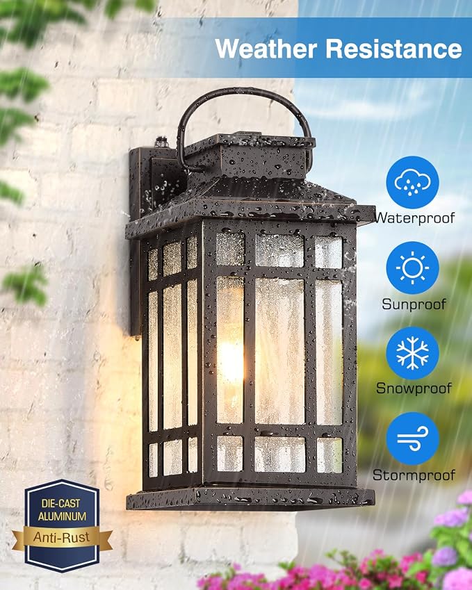 Dusk to Dawn Outside Lights, 2-Pack Oil Rubbed Bronze Exterior Lighting Fixtures with Gold Trim, Modern Patio Wall Sconce with Seed Glass, Waterproof Anti-Rust Outdoor Wall Light for Porch, Garage