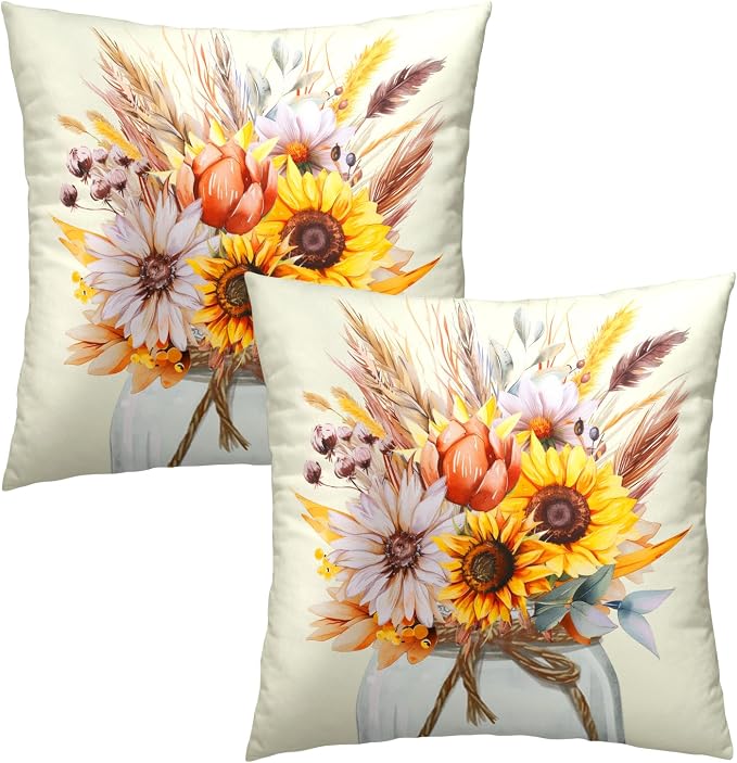 Fall Sunflower Pillow Covers 18x18 Inch Set of 2 Yellow Floral Wheat Flower Mason Jar Rustic Decorative Pillow Cushion Cases for Outdoor Couch Sofa Home Fall Harvest Party Decor