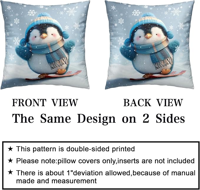 Winter Pillow Covers 20x20 Set of 2 Adorable Skiing Penguins Throw Pillow Covers Snowflakes Pillow Case Double Sided Printing Cushion Case for Home Decor Couch Sofa