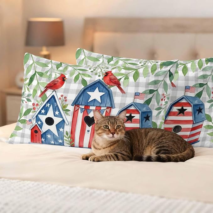 American Flag Bird House Outdoor Pillow Covers Waterproof, All Weather Cushion Case Set of 2, Green Eucalyptus Grey Plaid 250th Lumbar Pillowcase for Sofa Couch Bed Decor Patio Furniture 20"x12"