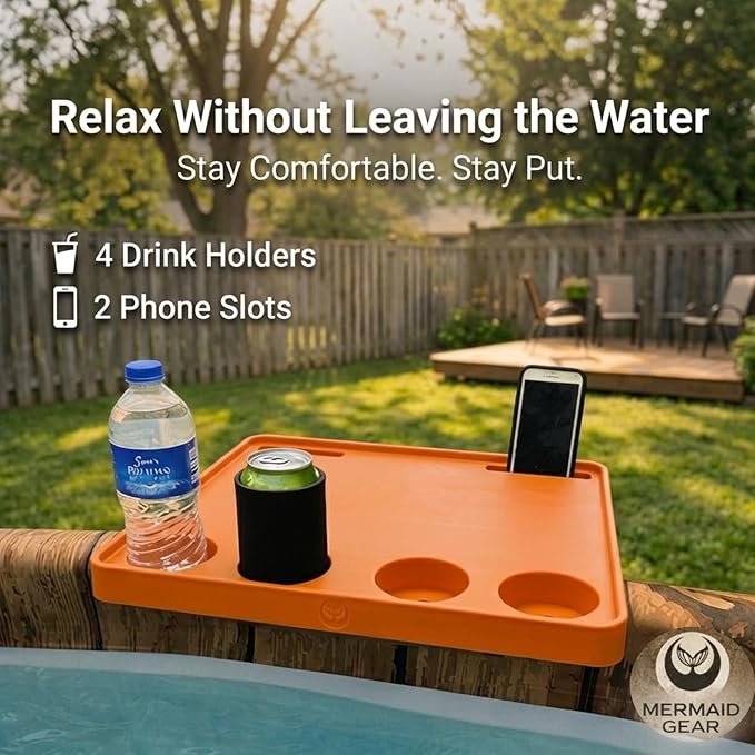 Above‑Ground Pool Table Tray with Cup Holders – Fits Intex, Coleman & Bestway Metal Frame Pools – Adjustable Drink & Snack Table with Phone Slots for Poolside Use