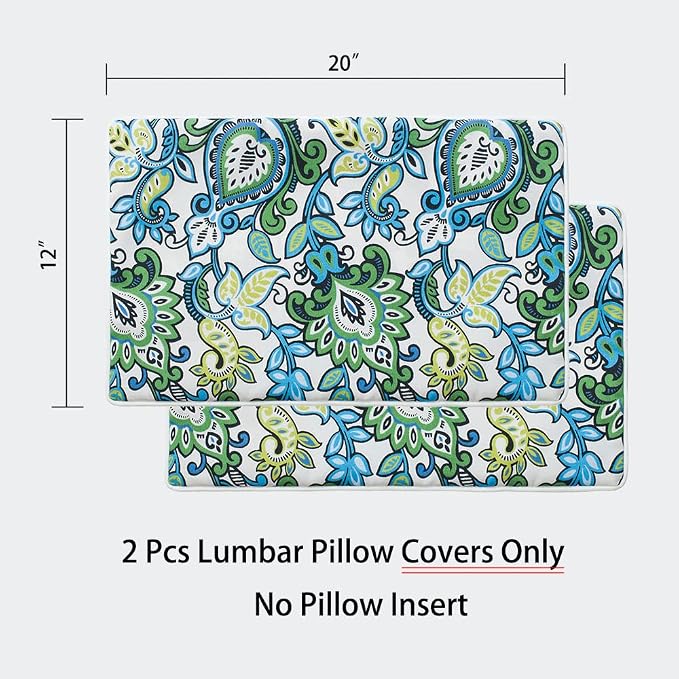 Magpie Pack of 2 Outdoor/Indoor Lumbar Pillow Case Covers 12"x20", Waterproof Rectangular Throw Pillowcase Shell Decorative Cushion Sham for Home Patio Garden Tent Couch - Floral Blue Green