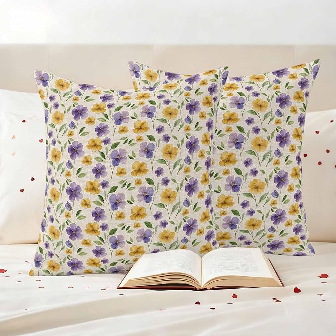 Purple Yellow Flower Outdoor Pillow Covers Set of 2 Spring Green Leaf Watercolor Floral Farm Waterproof Throw Pillow Cover Decorative Cushion Cases for Patio Porch Garden 16X16 Inch