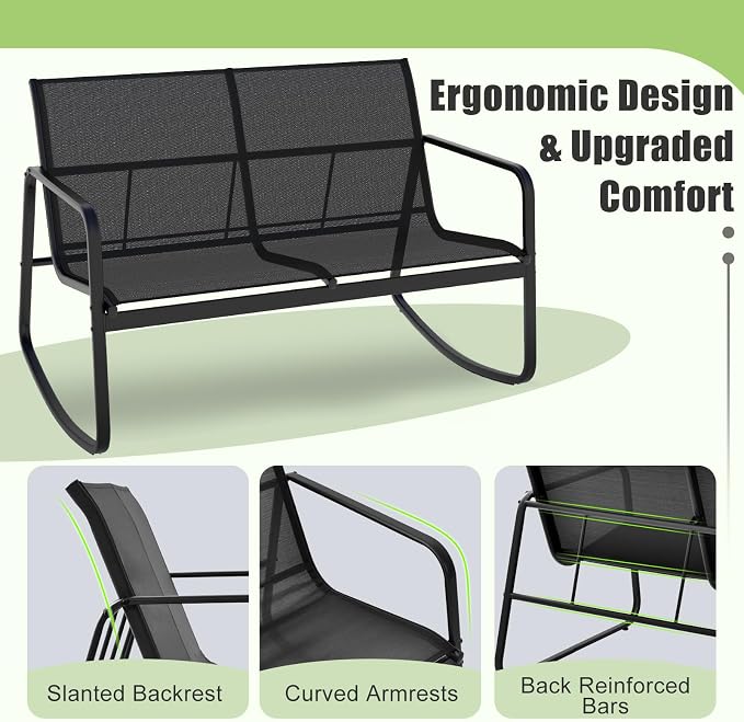 HAPPYGRILL 4 Pieces Patio Rocking Furniture Set with Loveseat, 2 Rocking Chairs & Glass-Top Coffee Table, Outdoor Porch Rocker Chair Conversation Set for Balcony, Poolside, Garden, Backyard (Black)