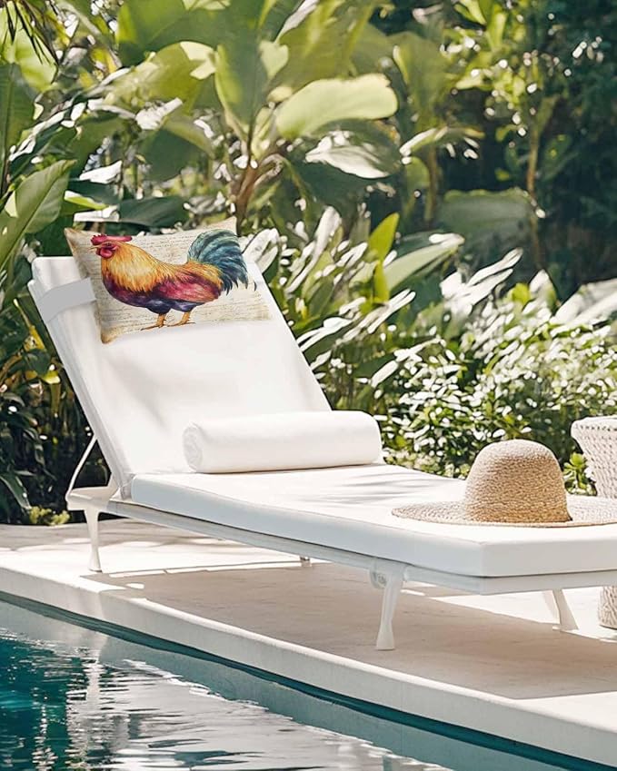Pack of 2 Outdoor Lumbar Cushions with Inserts, Vintage Rooster Farm Animal Waterproof Fluffy Fade Body Pillows, Patio Furniture Pillow for Home Balcony Garden Decor 12x20IN