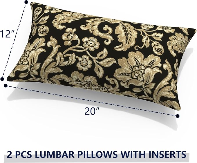 Outdoor Lumbar Pillows with Insert 12x20 Inch, Waterproof Throw Pillow for Patio Furniture, Decorative Lumbar Cushions for Garden Home Sofa Office Chair, Set of 2, Jacobean Black