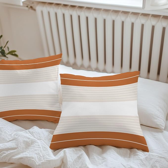 Orange Beige Stripe Outdoor Pillow Covers Waterproof, All Weather Cushion Case Set of 2, Modern Art Horizontal Striped Decorative Pillowcases for Sofa Couch Bed Decor Patio Furniture 16"x16"