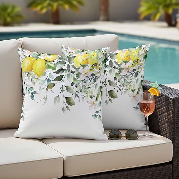 Rustic Floral Plant Outdoor Waterproof Throw Pillow Covers Set of 2, 18"x18", Green Eucalyptus Leaves Sage Lemon White Decorative Pillow Covers Outside Cushion Case for Patio Porch Garden