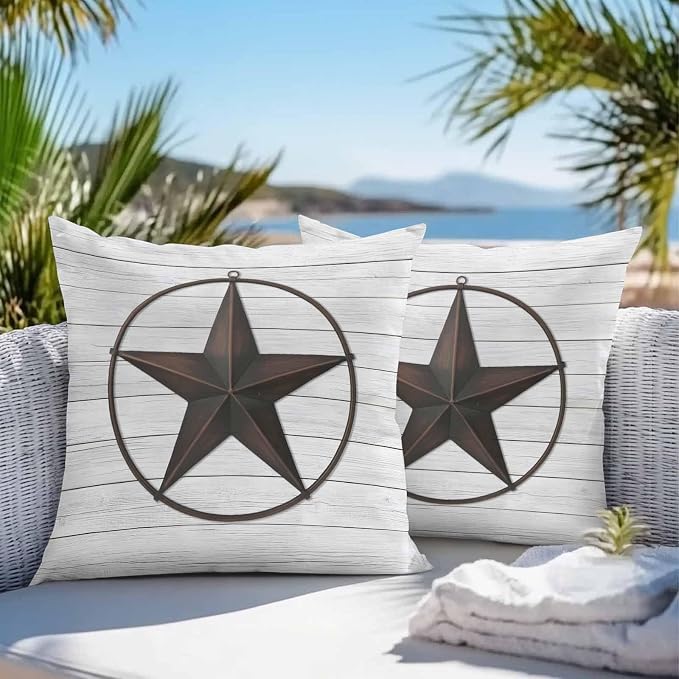 Outdoor Waterproof Pillow Covers for Patio Furniture Western Texas Barn Stars Decorative Throw Pillow Cover Rustic Wooden Pillowcases Set of 2 Cushion Case for Sofa Couch Chair Home Decor 16 x 16 Inch