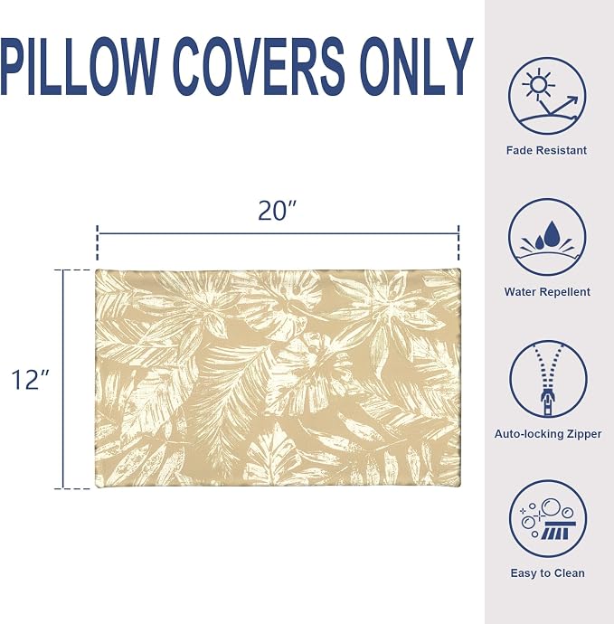 12x20 Inch Outdoor Lumbar Pillow Covers Pack of 2, All Weather Cushion Pillow Cases, Pillowcase for Patio Couch Decoration, Tropical Leaf Oat