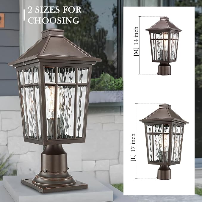 Darkaway 2pcs Large Outdoor Post Lights Lamp Post Light Fixture, 17inch Waterproof Aluminum Housing with Water Ripple Glass for Garden Patio Pathway