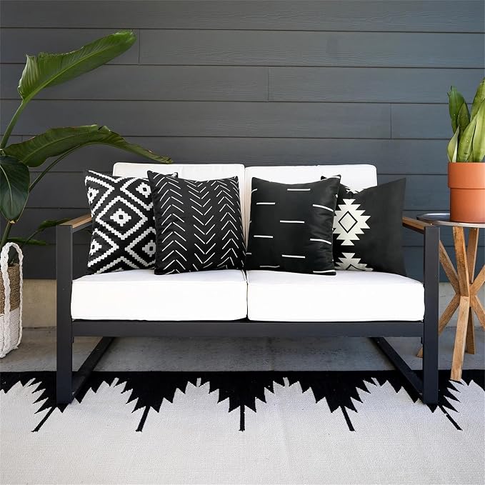 Adabana Set of 4 Outdoor Waterproof Pillow Covers 18x18 Black and White | Modern Geometric Throw Pillows Cover Decorative Boho Pillow Covers for Patio, Garden, Porch