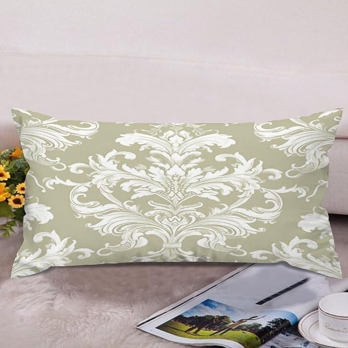 Set of 2 Tan Off Green White Damask Pattern Print Pillow Covers 12x24in Farmhouse Canvas Cushion Covers Outdoor for Couch Chair Home Decor for Family Friends