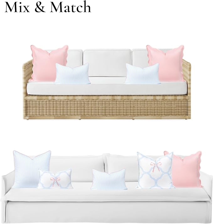 Hofdeco Premium Coastal Grandmillennial Patio Indoor Outdoor Lumbar Pillow Cover Only, 12"x20" Water Repellent for Backyard, Couch, Poolside, Baby Blue Pink Print Stripes