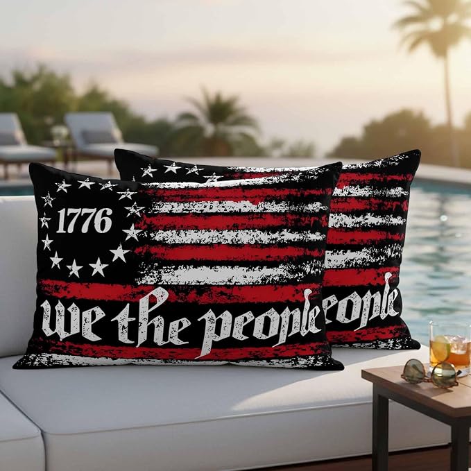 We The People Outdoor Pillow Covers 20"x12" Set of 2, Independence Day Distressed Red White Flag Waterproof Throw Pillow Covers for Patio Furniture, Decorative Cushion Covers for Porch