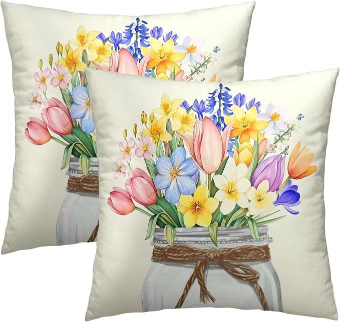 Easter Spring Flowers Pillow Covers 20x20 Inch, Set of 2 Colorful Tulips Lavender Floral Mason Jar Throw Pillowcases with Zipper Square Cushion Cover for Couch Sofa Bed Home Decor