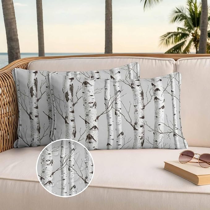 Nature Birch Trees Outdoor Waterproof Pillow Covers Pack of 2, Modern Gray Modern Tree Bark Texture Forest Throw Pillowcases Decorative Cushion Covers for Garden Patio Tent Sofa Couch, 20x12 inch
