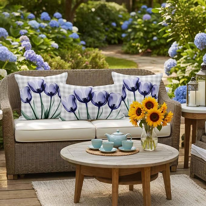 Light Purple Tulip Waterproof Outdoor Pillow Covers Set of 2 Home Decor, Farmhouse Flowers Grey Checkered Pillowcase Patio Pillow Covers for Couch Bench Furniture Garden 16x16in