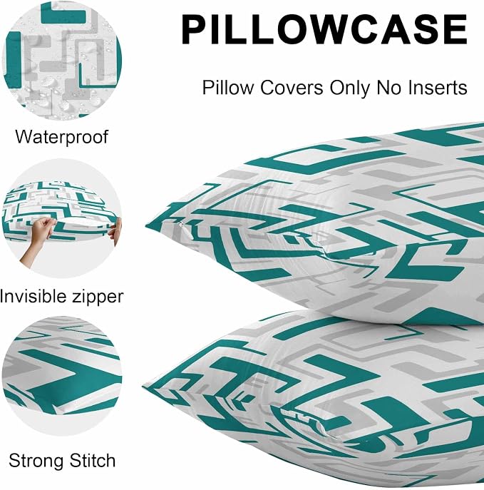 Vandarllin Outdoor Throw Pillows Covers 20x12 inch Set of 2 Waterproof Turquoise Geometric Stripes Decorative Zippered Cushion Covers for Patio Furniture, Modern Abstract Lines Lumbar Pillowcases