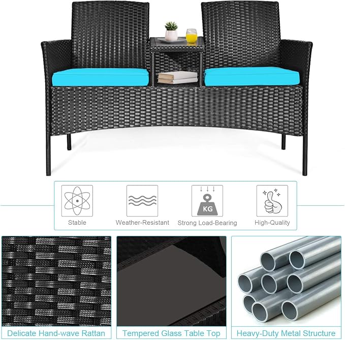 HAPPYGRILL Outdoor Rattan Loveseat Set Patio Wicker Conversation Set with Removable Cushions, Wicker Sofa Furniture Set with Coffee Table for Garden Lawn Backyard