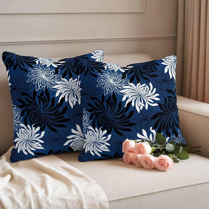 Yukro Blue Black Floral Outdoor Waterproof Pillow Covers Pack of 2, Vintage Blue White Black Flower Decorative Throw Pillowcases Cushion Covers for Garden Patio Tent Sofa Couch, 16x16 inch