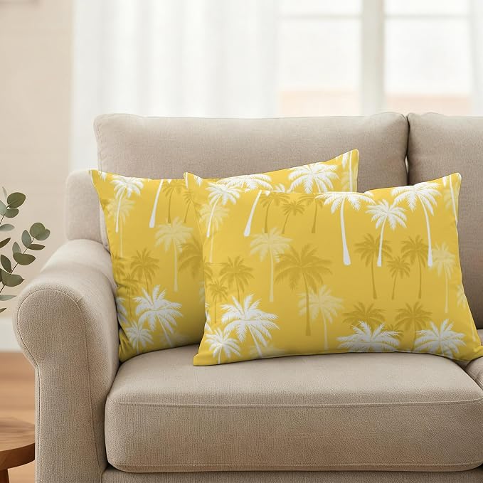 Lumbar Pillow Covers 20x12 Inch Set of 2, Tropical Palm Tree Waterproof Outdoor Pillow Covers, Yellow White Plants Coastal Leaf Beach Decorative Cushion Pillowcases for Couch, Sofa, Bed, Garden, Patio