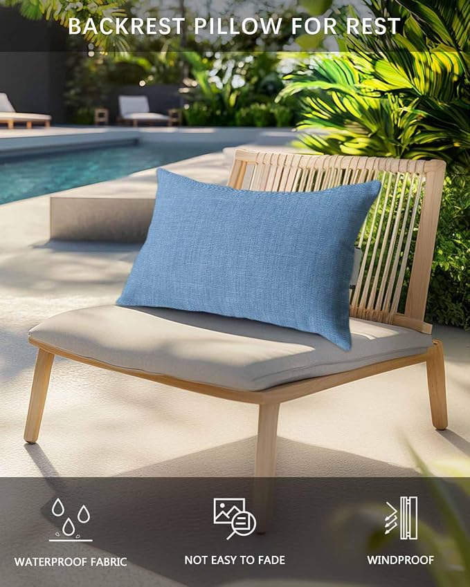Pack of 4 Outdoor Lumbar Pillow Covers 12x20 Inch, Blue Burlap Texture Waterproof Throw Pillow Covers Set, Farmhouse Vintage Blue Indoor&Outdoor Decorative Cushion Cases for Patio Porch Beach