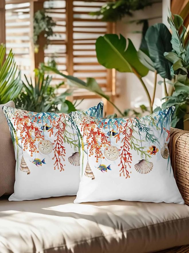 Outdoor Waterproof Throw Pillows Summer Colorful Coral Shell Conch Patio Pillows Pack of 2,Decorative Pillow Covers with Insert,Pillow Cushion Case for Garden Couch Sofa Sea Starfish Fish Marine Life