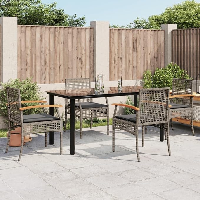 5 Piece Outdoor Dining Set with Cushions, Gray Poly Rattan Patio Furniture for Lawn Garden Backyard, Steel Frame Glass Top Table & UV Protection Chairs