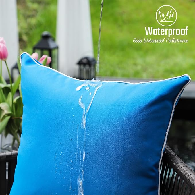 JOJOGOGO Royal Blue Outdoor Pillows Waterproof Throw Pillow Covers 18x18 Set of 2, Lake Blue Outdoor Patio Pillows Cushion Covers 18 x 18 for Couch Bench and Porch Swing (with White Piping)