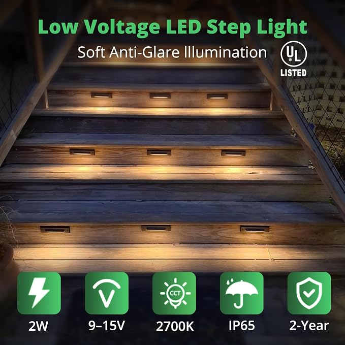 12 Pack Low Voltage 9-15V AC/DC LED Linear Step Lights, 2W Landscape Cutoff Stair Riser Light, Outdoor Waterproof Accent Lighting Fixtures, Die-cast Aluminum, Black Powder Coated Finish