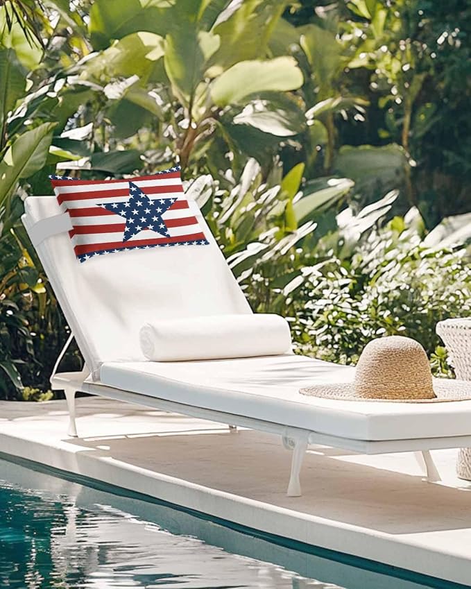 Outdoor Lumbar Pillows with Adjustable Band,Independence Day Chic White Star on Blue Waterproof Recliner Throw Pillow Chaise Lounge Cushion with Insert for Beach,Graden Red White Stripes 1 Pack