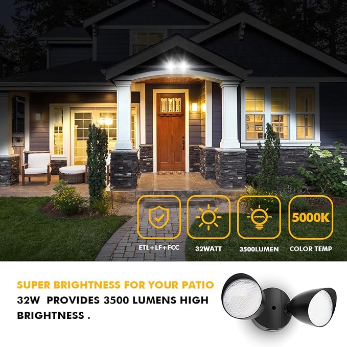 LUTEC 6222B-D2D 3500 Lumen 32 Watt Dusk to Dawn Dual-Head Flood Light Outdoor Waterproof Exterior Security Floodlight Light, Full Metal Design for Patio, Garden, Yard-Black