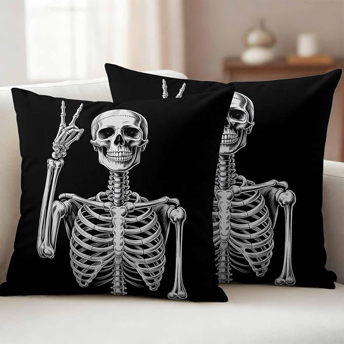 Halloween Skeleton Outdoor Pillow Covers 26x26 Inch Throw Pillow Covers Set of 2 Waterproof Decorative Pillow Cases Retro Funny Skull Abstract Black Cushion Covers for Patio Furniture Garden Couch