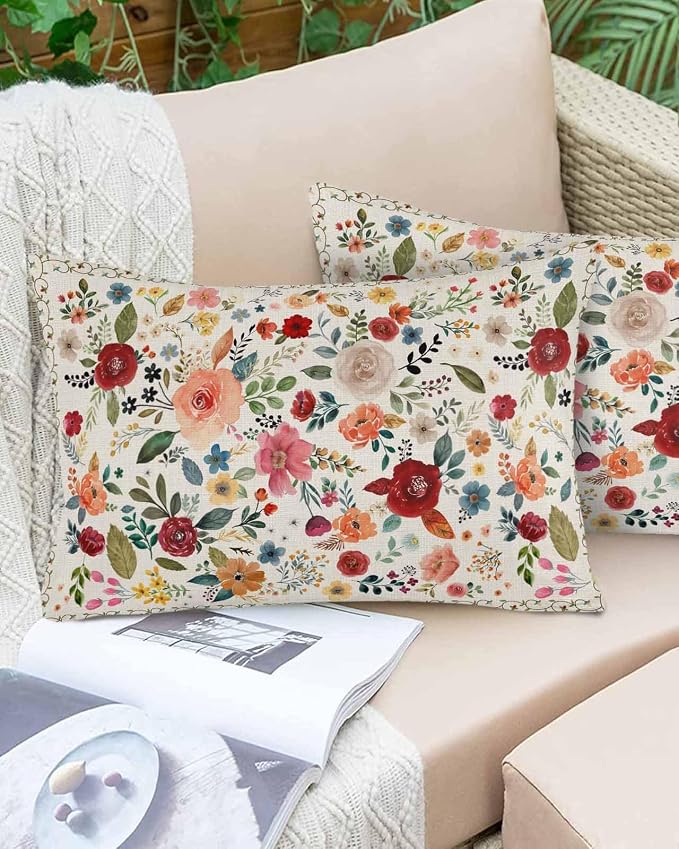 Vandarllin Outdoor Throw Pillows Covers 20x12 inch Set of 2 Waterproof Beige Floral Decorative Zippered Cushion Covers for Patio Furniture, Farmhouse Vintage Flower Lumbar Pillowcases
