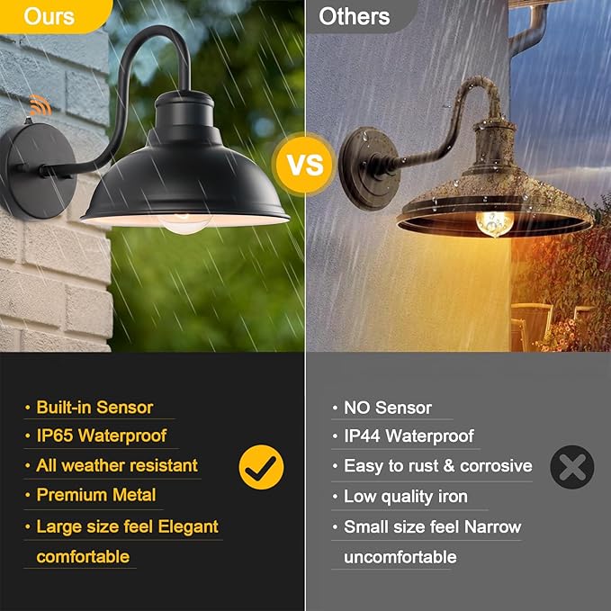 Dusk to Dawn Barn Light Outdoor Sconce 8" Exterior Lighting Fixtures 2 Pack | Anti-Rust Waterproof Farmhouse Industrial Vintage Matte Black Wall-Mount for Porch/Garage/Patio Yard ETL Listed