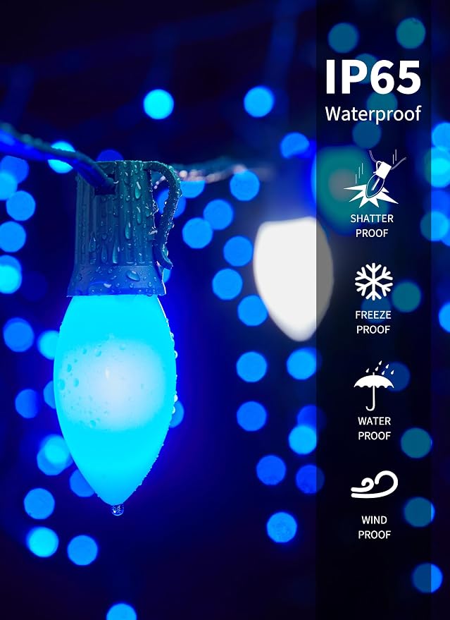 C9 Christmas Lights Outdoor, 100Ft 50 LED Blue & Pure White String Lights | Waterproof Shatterproof Connectable Christmas Tree Lights for House Outside Roofline Patio Yard Home Xmas Decorations