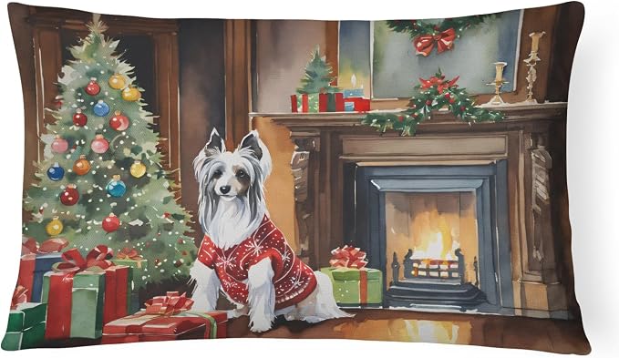 Caroline's Treasures DAC2631PW1216 Chinese Crested Cozy Christmas Throw Pillow Machine Washable, Indoor Outdoor Decorative Pillow for Couch, Bed or Patio, 12HX16W