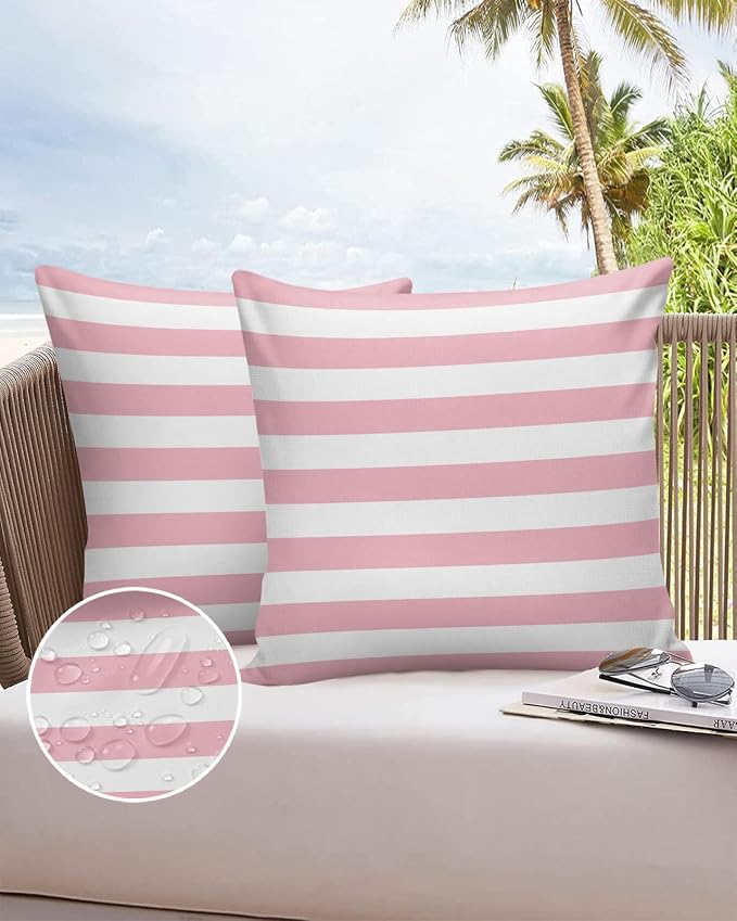 Outdoor Pillows 26x26 Waterproof Outdoor Pillow Covers Pink White Stripes Polyester Throw Pillow Covers Garden Cushion Decorative Case for Patio Couch Decoration Set of 2 Valentine's Day