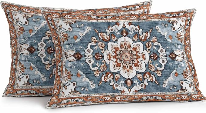 Blue Bohemian Waterproof Outdoor Pillow Covers Set of 2 Home Decor, Retro Pattern Oriental Farmhouse Ethnic Pillowcase Patio Pillow Covers for Couch Bench Furniture Garden 20x12in