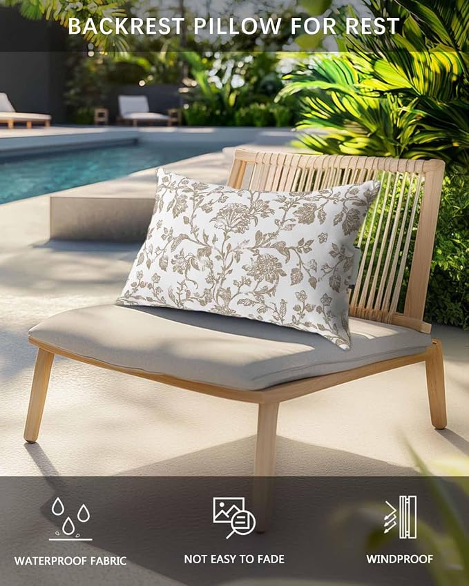 Pack of 2 Outdoor Lumbar Pillow Covers 12x20 Inch, Khaki Flower Waterproof Throw Pillow Covers Set, Vintage Farmhouse Boho Leaf Spring Plant Indoor&Outdoor Cushion Cases for Patio Porch Beach