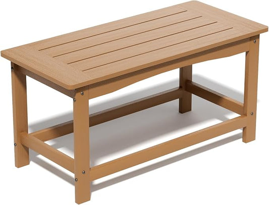 Outdoor Coffee Table, 35.4" x 17.5" All Weather Rectangle Patio Coffee Side Table for Garden Lawn Porch Poolside Balcony (Teak)