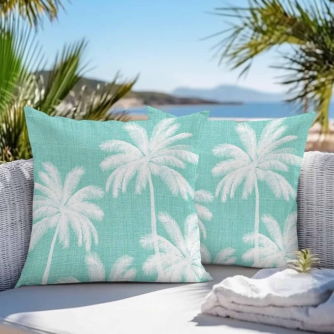Outdoor Pillow Covers 16x16 Inch Set of 2, Teal Palm Trees Waterproof Throw Pillow Covers, Farmhouse Tropical Summer Beach Decorative Cushion Pillowcases for Couch, Sofa, Bed, Garden, Patio