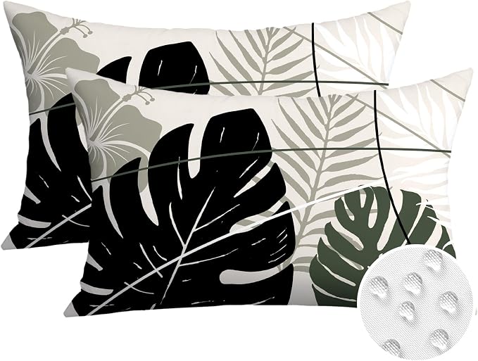 OTOSTAR Outdoor Waterproof Throw Pillow Covers 12x20 Inch Set of 2 Double-Sided Black Grey Tropical Leaf and Flower Spring Summer Decorative Pillow Cases for Patio Funiture Garden Balcony Couch