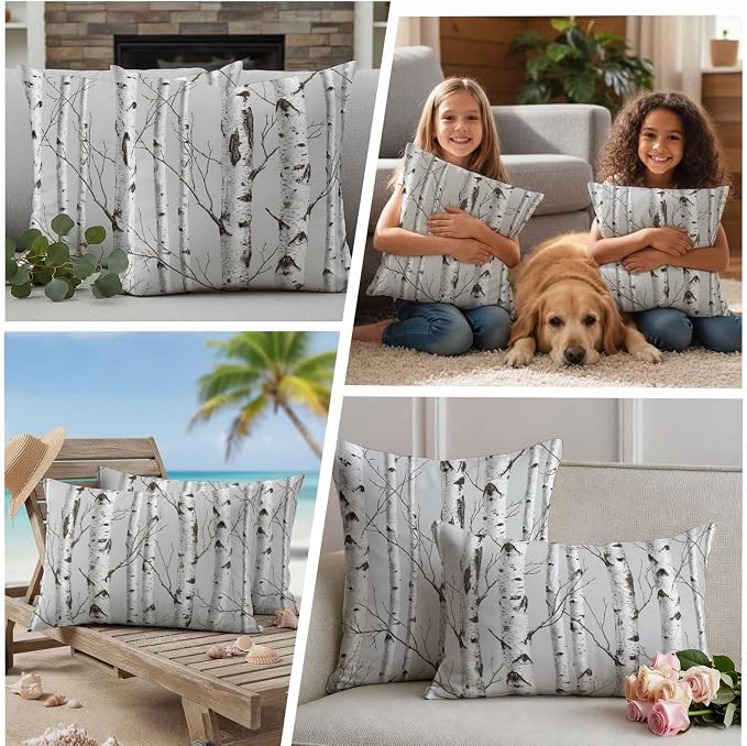 Nature Birch Trees Outdoor Waterproof Pillow Covers Pack of 2, Modern Gray Modern Tree Bark Texture Forest Throw Pillowcases Decorative Cushion Covers for Garden Patio Tent Sofa Couch, 20x12 inch