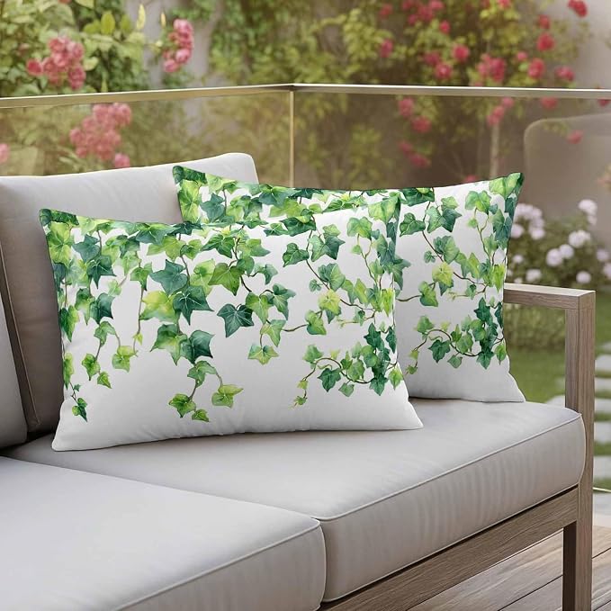 Outdoor Pillow Covers Set of 2, Green Leaf Vine Decorative Throw Pillow Covers 20X12IN, Country Leave Throw Pillows Protector Cushion Case for Patio,Couch,Sofa,Garden
