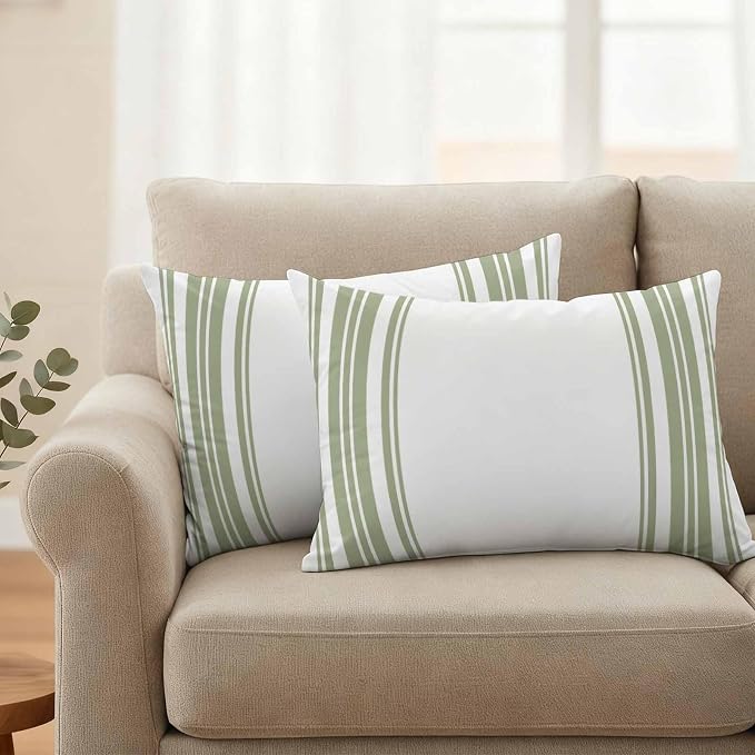 Outdoor Waterproof Throw Pillow Covers Set of 2 Sage Green Stripes Lumbar Pillowcases 20x12 Inches White Vertical Striped Decorative Pillows Cushion Case Patio Pillows for Couch Bed Chair Garden