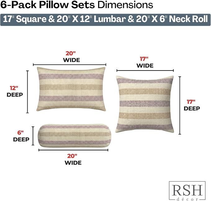 RSH DECOR: 6-Pack Pillow Set | Sunbrella Performance Fabric |Water & Fade-Resistant| 17" Square, 20"x12" Lumbar, 20"x6" Neck Roll | Outdoor Pillows for Patio Furniture | Made in USA (Paris Lavendar)